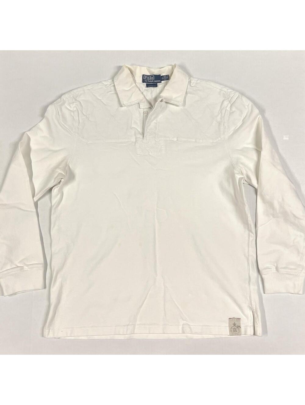 VTG Polo Ralph Lauren Rugby White Longsleeve Shirt Quilted 67 Back Sz XL STAINS